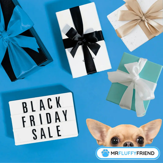 Feature-Bild für einen Blog „Die ultimativen Black Friday Deals 2025 für Hundebetten“ mit Geschenkboxen mit bunten Schleifen auf blauem Hintergrund, um ein Schild mit der Aufschrift „Black Friday Sale“ herum, ein neugieriger Hund lugt aus der Ecke.