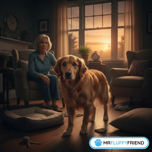 Seniorer Golden Retriever steht bei Sonnenuntergang verwirrt im Wohnzimmer und veranschaulicht das Sundowner-Syndrom bei Hunden.