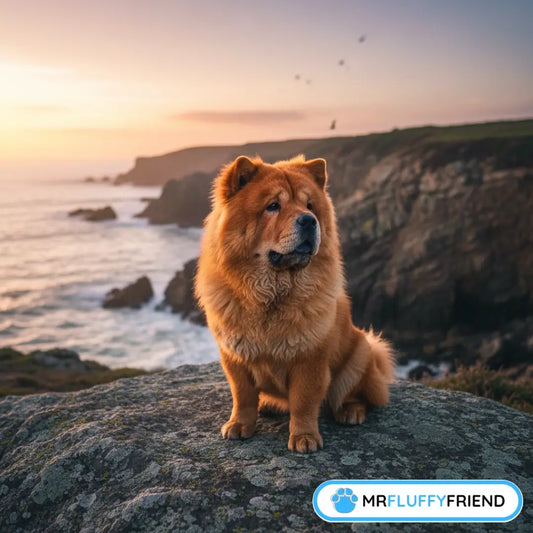 A flauschiger, löwenähnlicher Chow Chow sitzt majestätisch auf einem felsigen Klippenrand bei Sonnenuntergang und zeigt die unabhängige und ruhige Natur der Rasse.